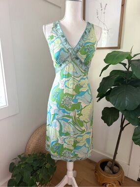 Ellie Tahari Retro Print Silk Stretch Knee Length Dress Size 10